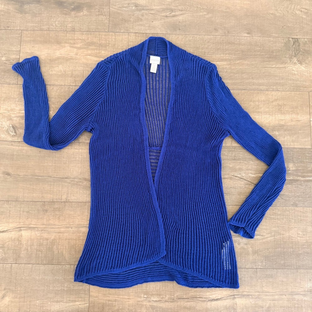Chico's Open Front Cardigan Women Size 2 Royal Blue Airy Mesh Ribbed Open Knit